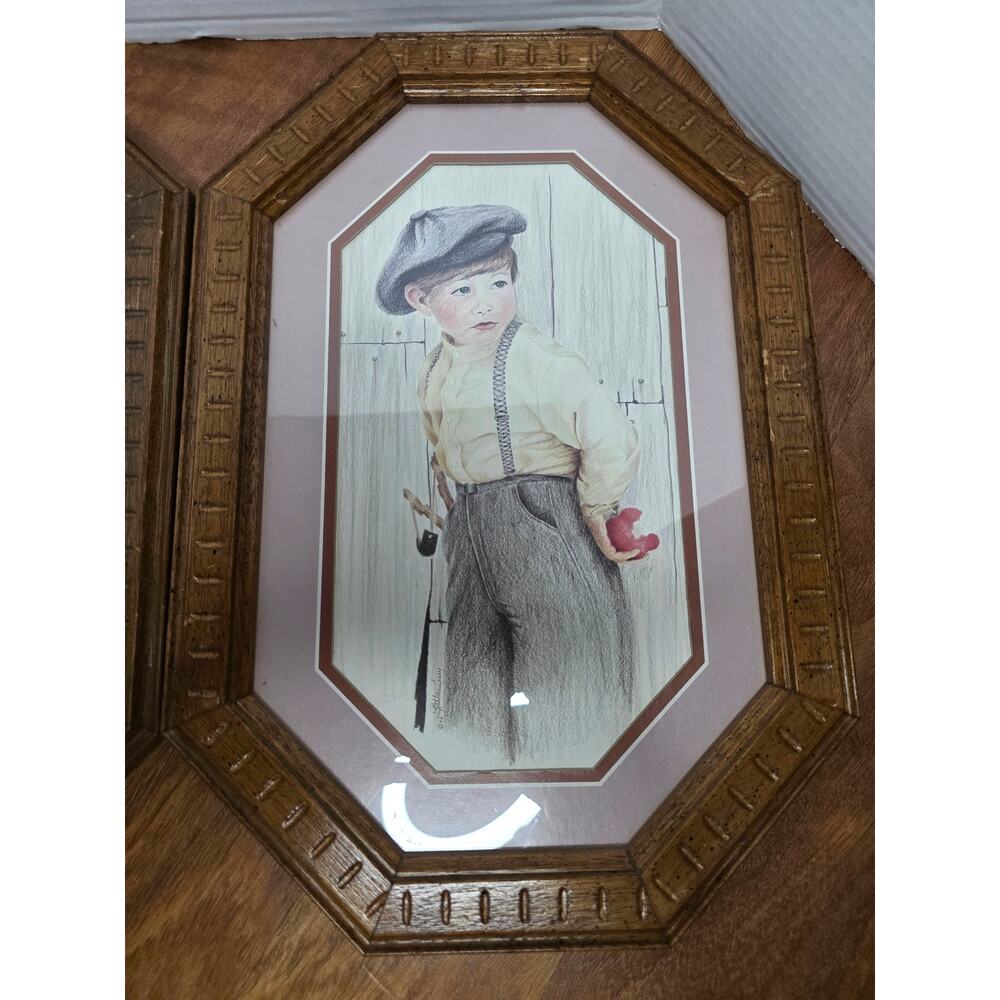 Kathleen Casey 1986 Country Children Boy Girl Prints Framed Pair